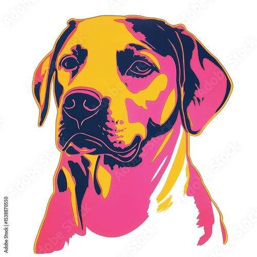 Pop art style colorful dog portrait with vibrant yellow, pink, and purple hues, transparent background