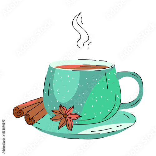 Tea with anise and cinnamon in turquoise cup with saucer. Hot drink with steam. Vector illustration, isolated on white. Cute design. Cartoon 
