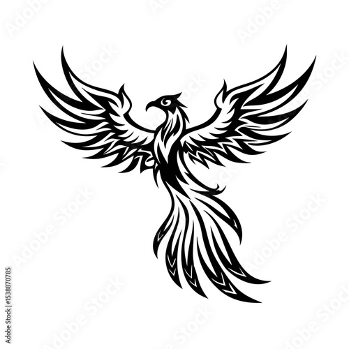 Majestic Tribal Phoenix Tattoo Design – Mythical Firebird Artwork for Men & Women, Bold Black Ink Symbol of Rebirth, Power, and Spiritual Transformation