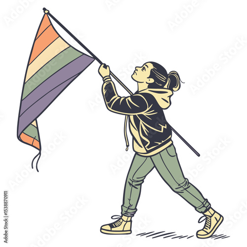 Person Walking Carrying a Multicolored Striped Pride Flag vector