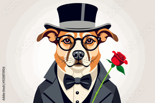 Dapper Dog in Tuxedo-Charming Canine with Top Hat and Rose-Sophisticated Pet Portrait-Stylish Animal Art-Funny Dog Image-Gentleman Dog Illustration