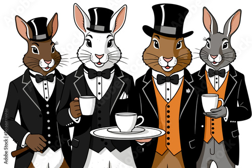 Dapper Rabbits in Tuxedos-Elegant Bunny Gentlemen Sipping Tea-Formal Attire for Furry Friends-Adorable Animal Characters-Sophisticated Rabbit Illustration-Bunny Tea Party