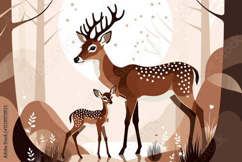 Deer and Fawn in a Winter Forest - Brown Illustration of Wildlife - Mother and Baby Deer Graphic - Nature Art Print for Home Decor - Peaceful Deer Family Scene