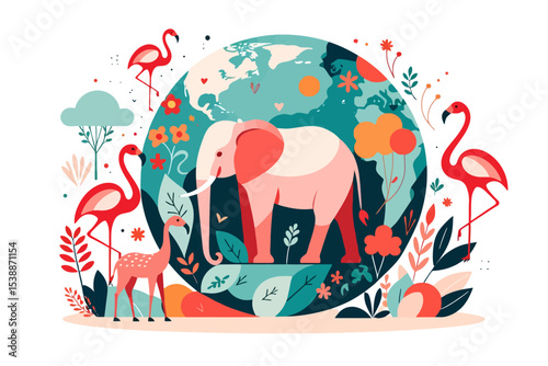 Elephant and Flamingo Illustration-World Wildlife Graphic Design-Nature Conservation Art-Colorful Animal Artwork-Ecology Clipart