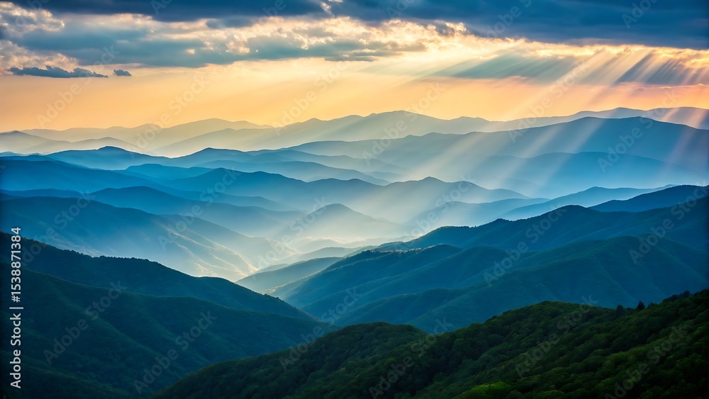 Fototapeta premium Beautiful mountain range with sunlight rays and mist