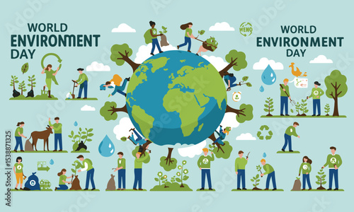 Flat vector illustration featuring sustainable city life, green energy and community efforts for environmental protection. Ideal for promoting ecological awareness, clean energy and a healthy environm