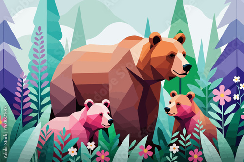 Geometric Bear Family in Forest Illustration-Abstract Brown Bear with Cubs-Colorful Nature Scene with Flowers and Trees-Modern Wildlife Art Print