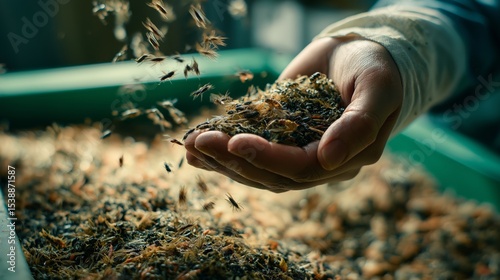 Hand sifts through a mixture of seeds and grains in a workshop during the day