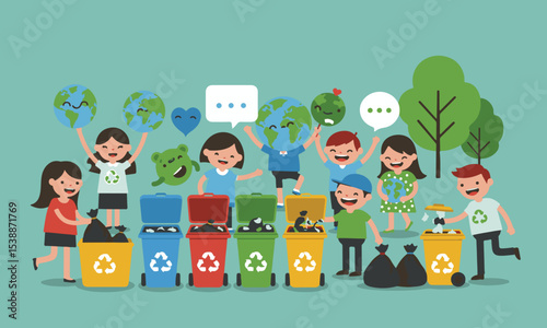 Flat vector illustration featuring sustainable city life, green energy and community efforts for environmental protection. Ideal for promoting ecological awareness, clean energy and a healthy environm