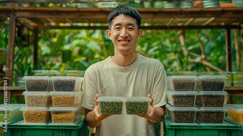 Smiling young man showcasing fresh seeds in an organic garden setting