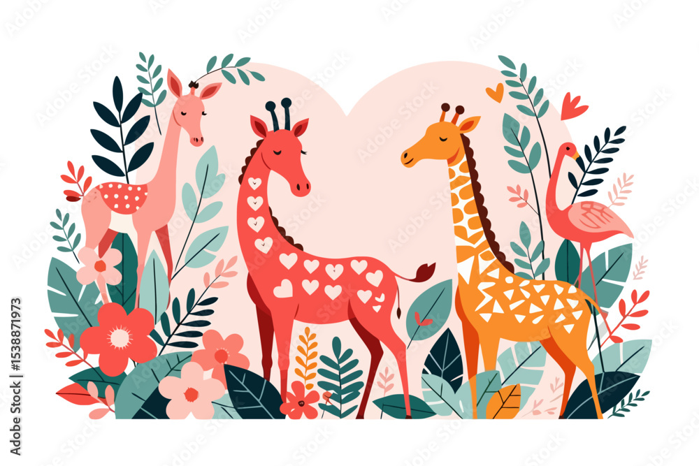Obraz premium Giraffes and Flamingo in a Tropical Paradise Illustration- Playful Animal Art for Kids- Cute Safari Animals with Heart Shapes and Flowers- Ideal for Nursery Decor