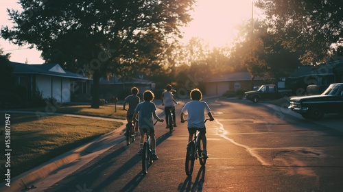 Children riding bicycles at sunset along a quiet suburban street in summer