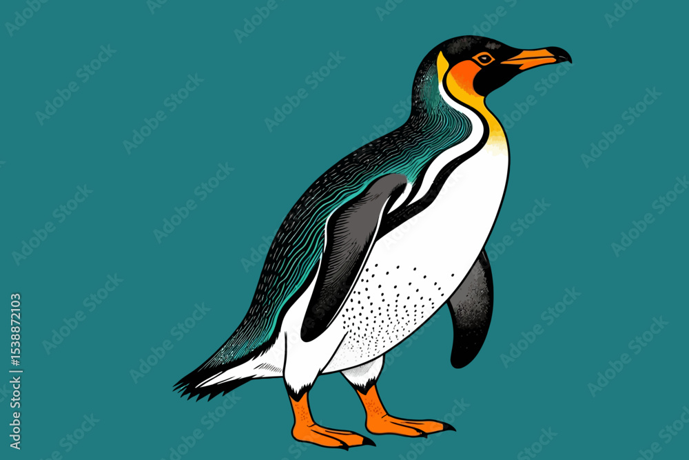 Fototapeta premium Isolated King Penguin Illustration-Standing Penguin Image-Unique Penguin Art-Penguin with Orange Beak and Feet-Modern Penguin Design-Cool Penguin Artwork