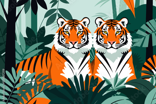 Illustrative Tigers in Jungle - Vibrant Orange and Black Stripes - Exotic Wildlife Art - Lush Tropical Foliage - Bold Animal Design - Nature Illustration