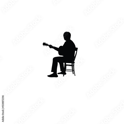 person playing guitar on chair silhouette on white background
