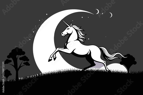Magical Unicorn Under Moonlight-Mystical Creature Galloping at Night-Fantasy Art Featuring Stars and Trees-Black and White Unicorn Illustration