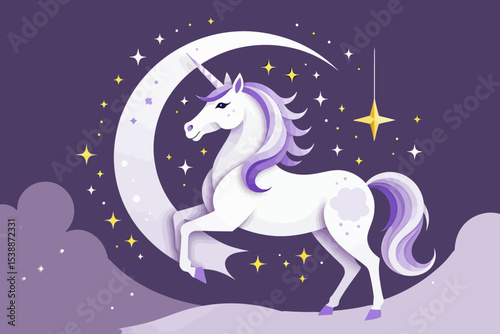 Magical Unicorn Illustration-Paper Cut Style Unicorn Art with Moon-Stars and Clouds-Fantasy Artwork for Children and Adults-Purple and White Unicorn Image
