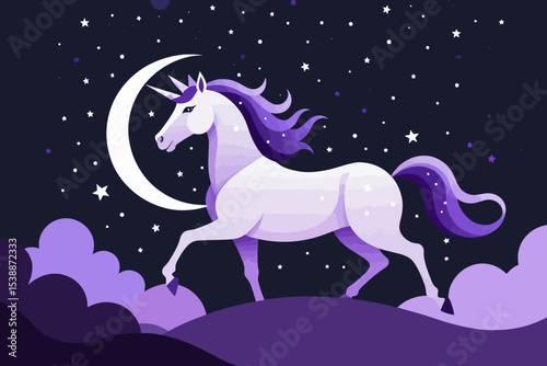 Magical Unicorn in a Starry Night Sky-Fantasy Illustration with Moon and Clouds-Dreamy Purple Unicorn Art for Kids and Adults-Whimsical Creature Design