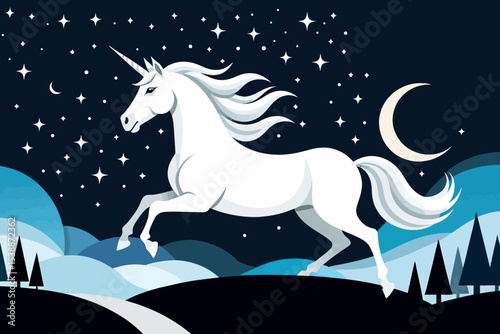 Magical White Unicorn Running at Night-Beautiful Starry Sky and Crescent Moon-Fantasy Animal Vector Illustration-Perfect for Kids and Unicorn Lovers