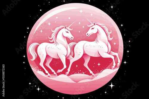 Magical Unicorns in a Pink Bubble - Fantasy Art - Mythical Creatures - Dreamy Illustration - Whimsical Design - Stars and Sparkles