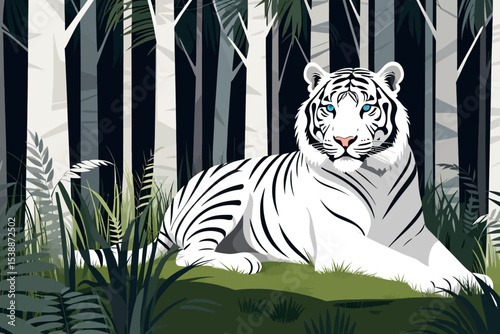 Majestic White Tiger Resting in the Jungle-Beautiful Illustration of a Rare Bengal Tiger-Wildlife Art Print-Exotic Animal Illustration-Jungle Scene with a White Tiger