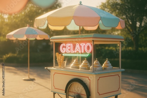 Vintage gelato cart with pastel umbrellas in sunny park setting