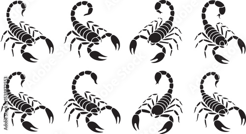 Eight scorpion silhouettes isolated on white background