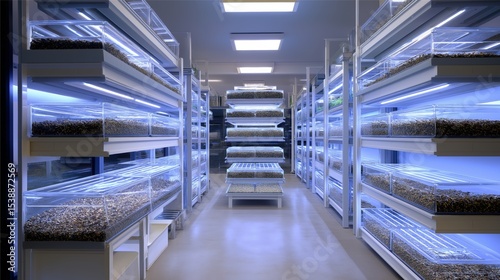 Indoor vertical farming facility with rows of illuminated growing trays in a controlled environment