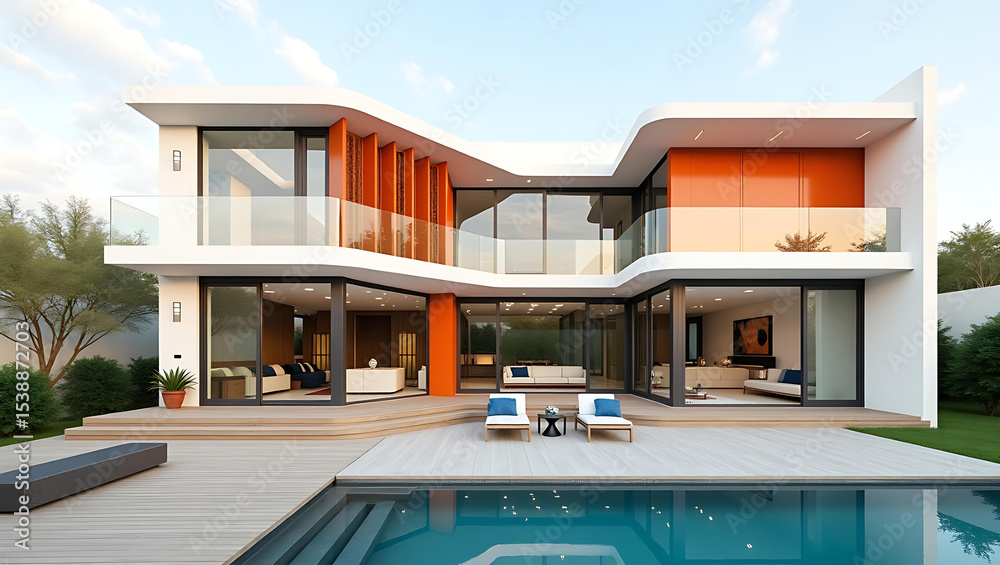 Fototapeta premium Modern luxury house with pool and sleek architectural design