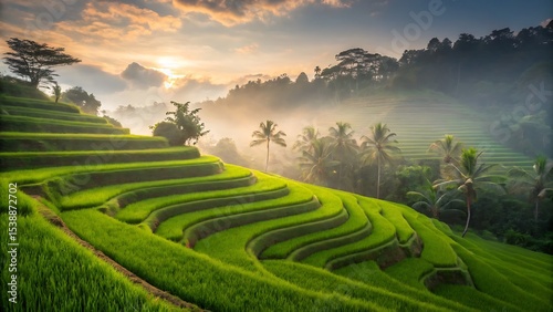 Stunning view of terraced rice fields with lush green crops and sunset in the background