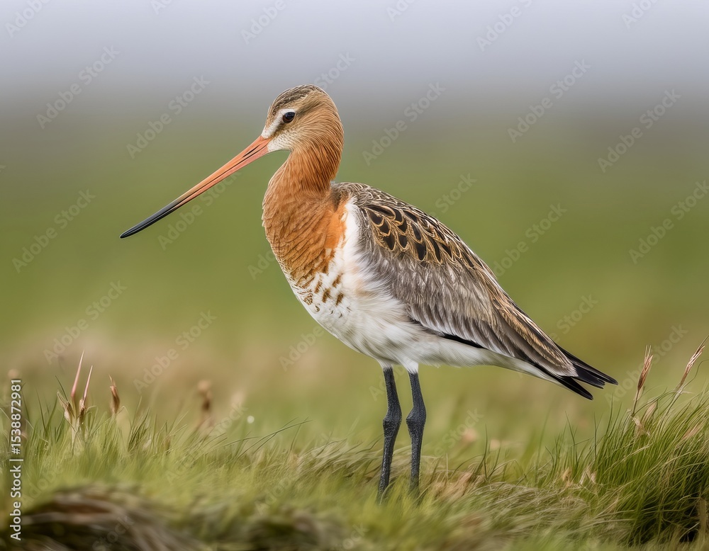 Obraz premium Stunning Portrait of a Godwit Bird in a Grassy Field Detailed Shot of Feathered Wildlife in Natural Habitat, Outdoor Photography of Avian Species