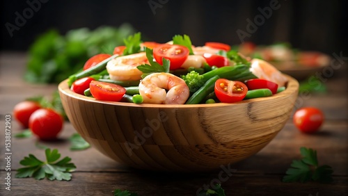 Healthy shrimp salad with green beans, cherry tomatoes, and fresh herbs in a wooden bowl