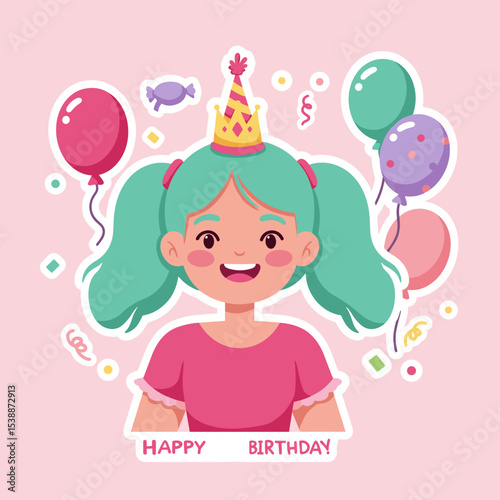 Young girl with colorful ponytails celebrates birthday with balloons