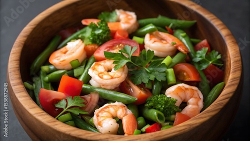 Healthy shrimp salad with green beans, cherry tomatoes, and fresh herbs in a wooden bowl