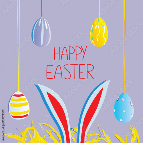 Happy easter holiday with colorful eggs and rabbit ears