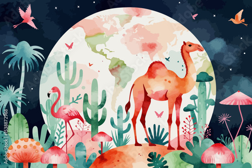 Watercolor Camel and Flamingo Art - Earth Tone Nature Illustration - Whimsical Desert Oasis Scene - Calming Watercolor Art Print - Fantasy Landscape Painting