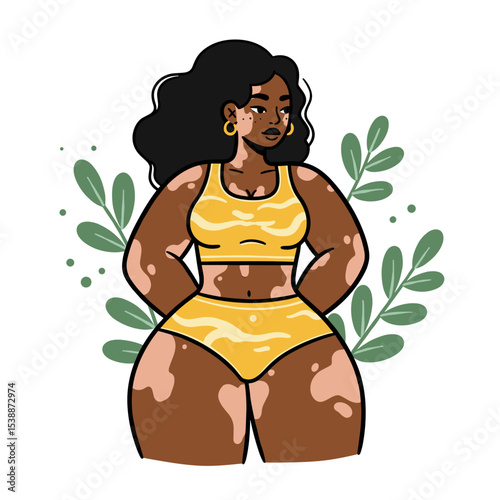 Overweight dark-skinned woman with vitiligo poses confidently in yellow sportswear