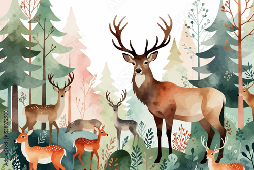 Watercolor Deer in Forest Art- Whimsical Woodland Animals Painting- Deer Family Artwork- Nature Inspired Illustration- Peaceful Deer Scene