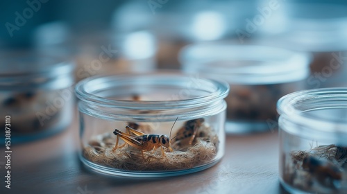 Insect specimens housed in glass containers at a research facility for entomology studies