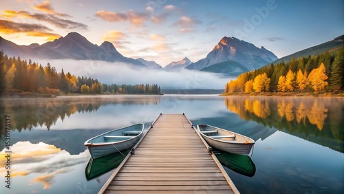 Scenic lake dock with boats surrounded by mountains, autumn trees, and sunrise reflections