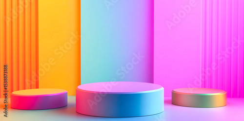 Three colorful podiums in orange, blue, and pink against a vibrant gradient background.