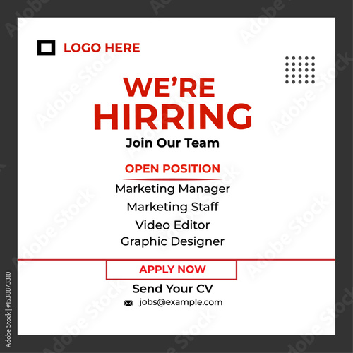 We are hiring job vacancy social media post design template.  Hiring template design.
