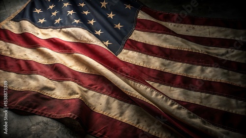 Close-up of weathered American flag with vintage look