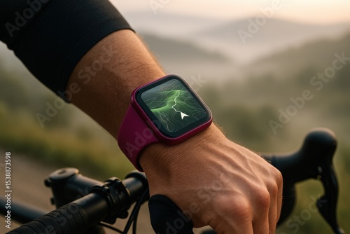 Cyclist checking smartwatch GPS during scenic early morning ride in hilly countryside landscape