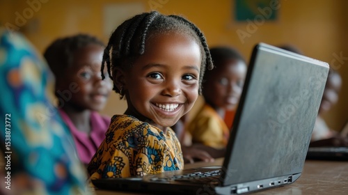 Happy African Girl Learning on Laptop  Education Technology