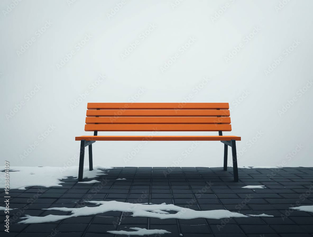Orange Bench in Foggy Landscape | Minimalist Solitary Bench Photo Orange Bench in Foggy Landscape | Minimalist Solitary Bench Photo