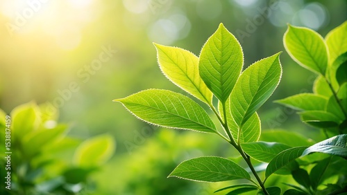 Close-up of green leaves with sunlight shining through in a natural forest setting