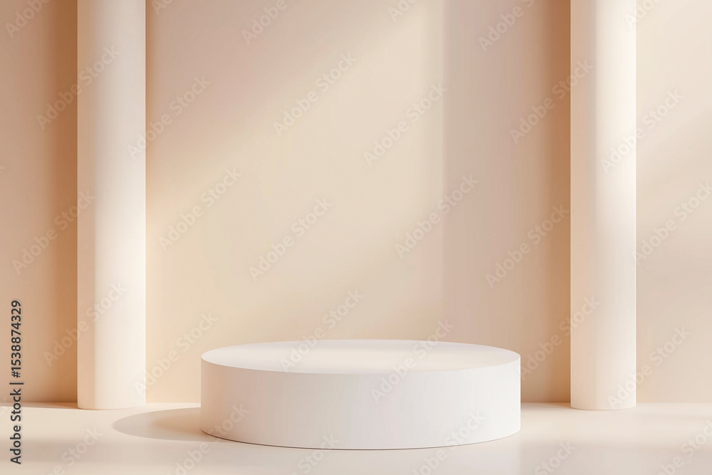 Fototapeta premium Minimal round podium in a classical beige interior with columns and soft sunlight.