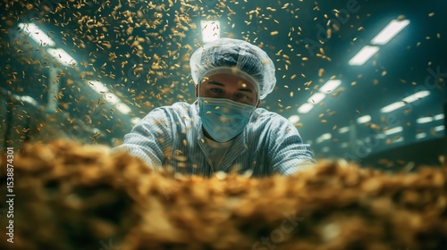 Worker in protective gear processes food in a factory during a busy production shift