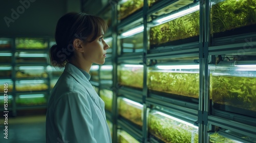 Scientist examining plant culture trays in a research facility during an evening study session